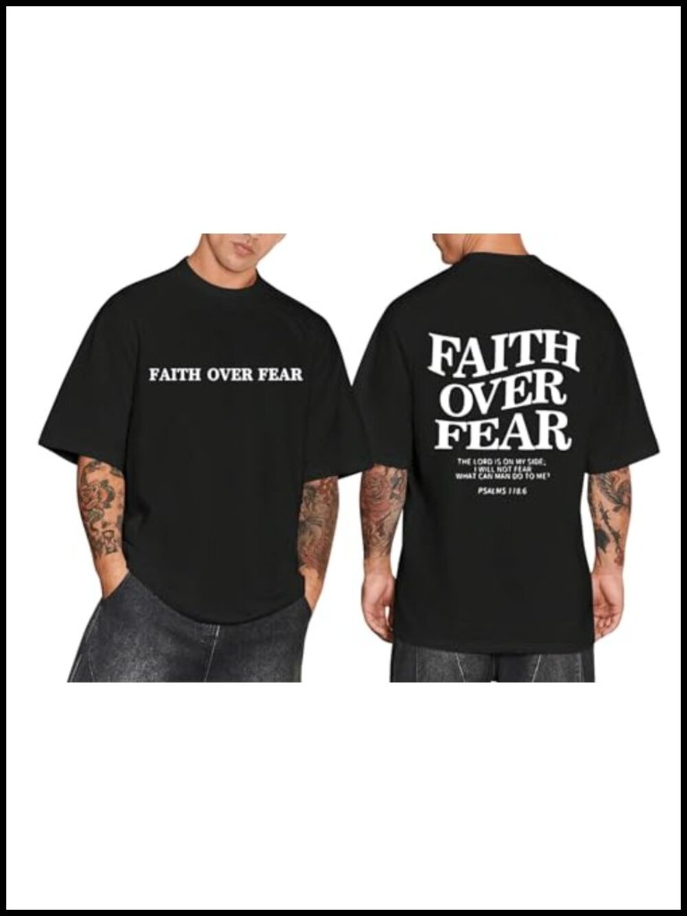 Men's Oversized Christian Faith Over Fear Graphic T-Shirt Crew Neck Cotton